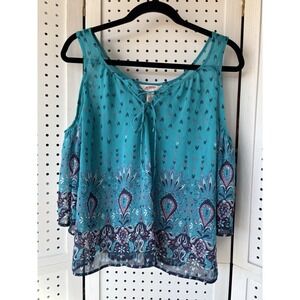 Juniors Women's Small Teal Paisley Open Shoulder Tank Blouse Boho Chic SemiSheer